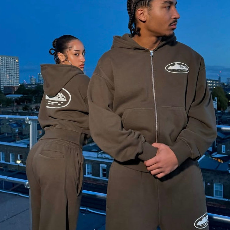 island puff print zip set-brown