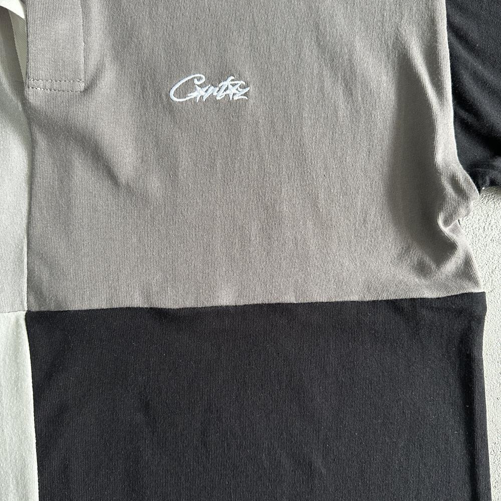 Color Block Polo Long Sleeve Shirt-Black Gray