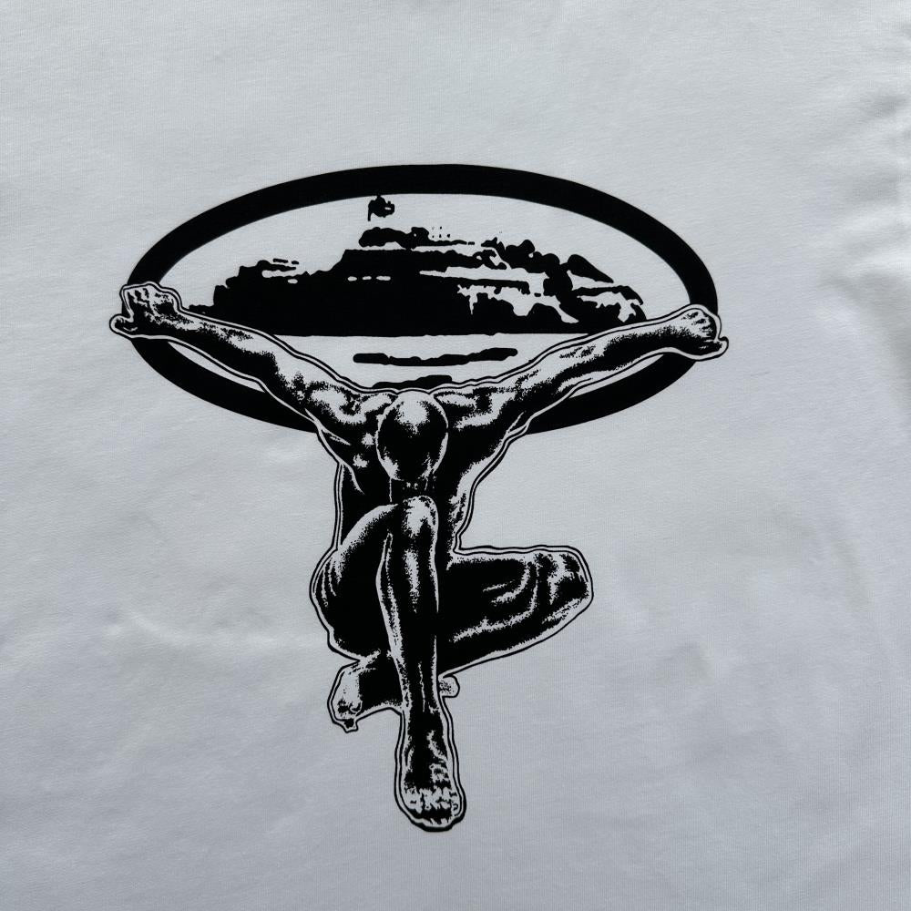 flying man statue tee