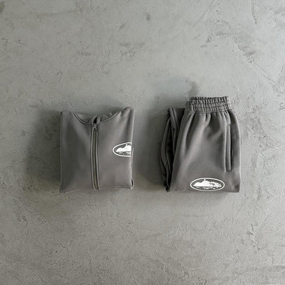island puff print zip set-grey