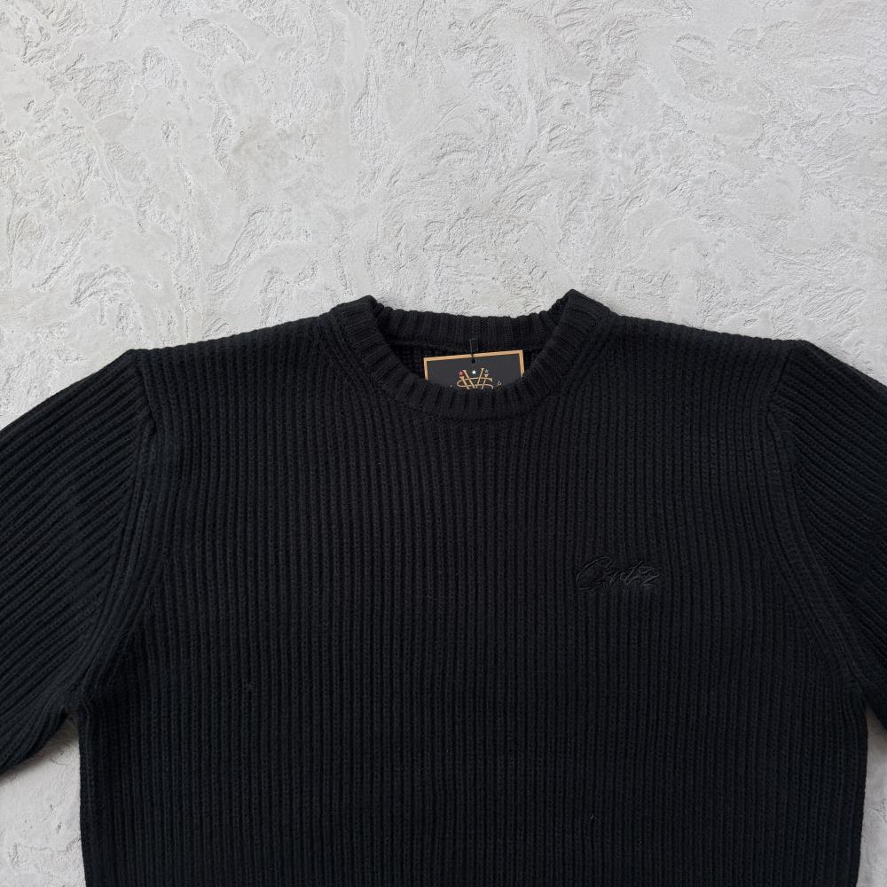 Crochet Applique Knit Crew- Triple Black