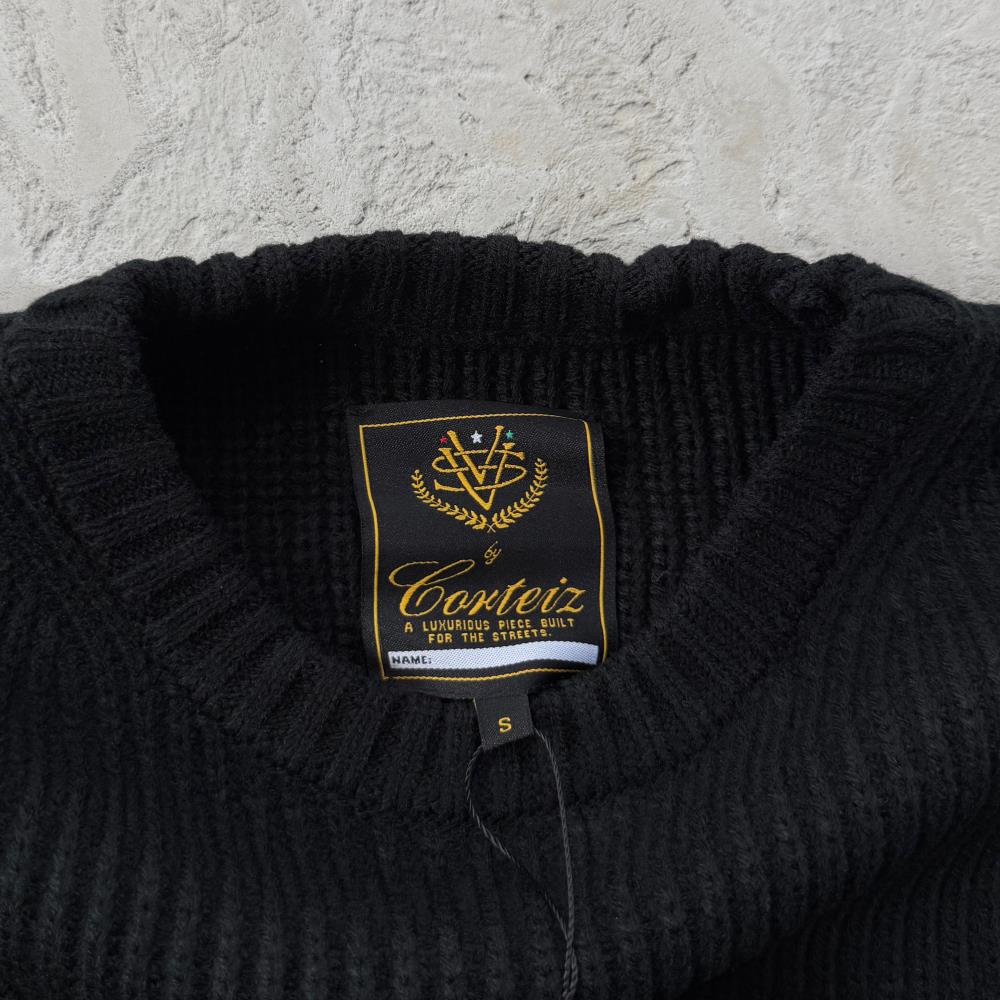 Crochet Applique Knit Crew- Triple Black