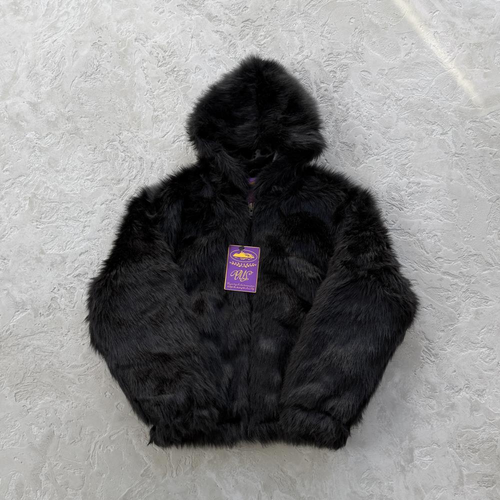 Faux fur hooded jacket-black