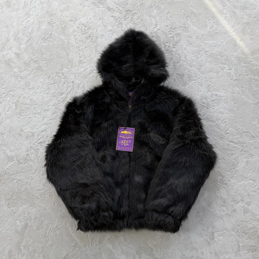 Faux fur hooded jacket-black