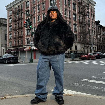 Faux fur hooded jacket-black