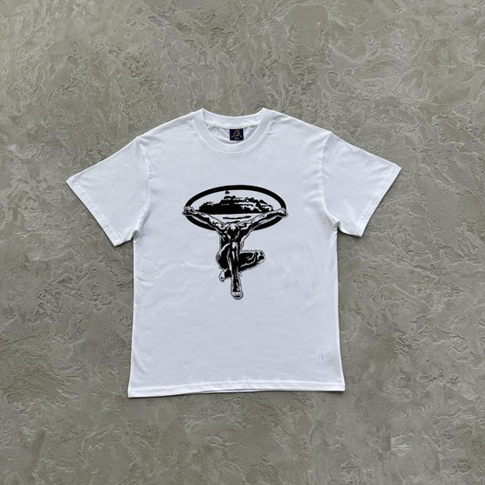flying man statue tee