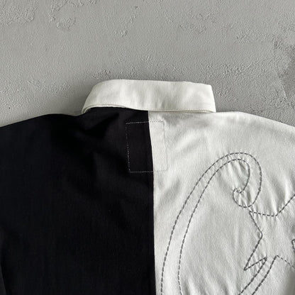Color Block Polo Long Sleeve Shirt-Black Gray