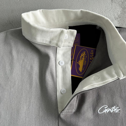 Color Block Polo Long Sleeve Shirt-Black Gray