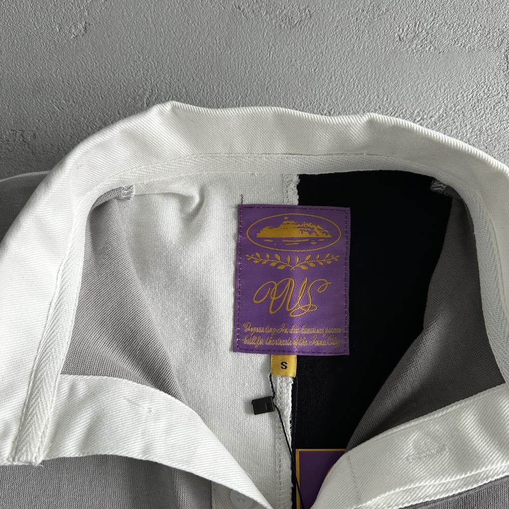 Color Block Polo Long Sleeve Shirt-Black Gray