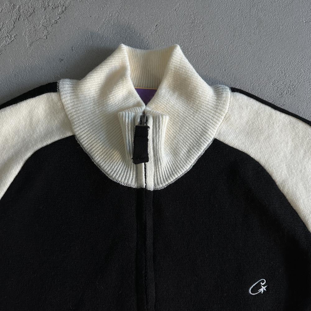 Knit zip up fleece-black and white