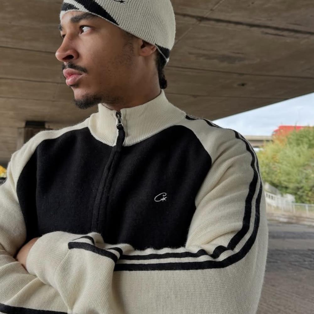Knit zip up fleece-black and white