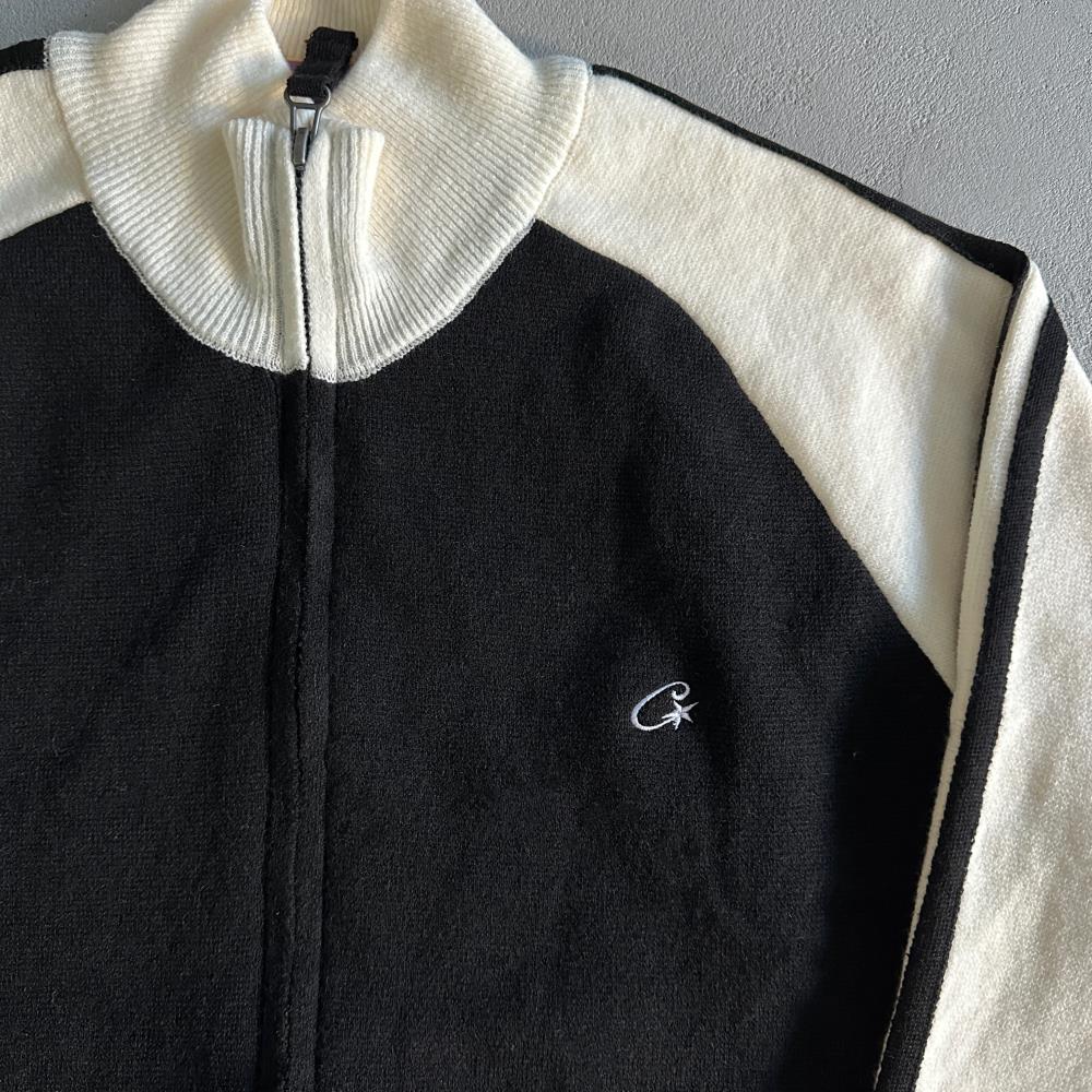 Knit zip up fleece-black and white