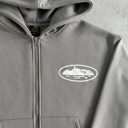 island puff print zip set-grey