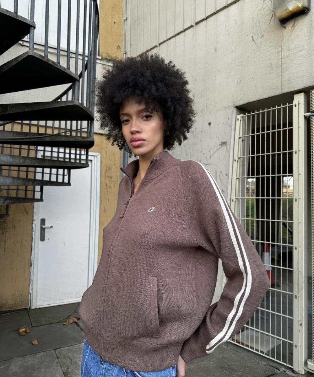 Knit zip up fleece-brown