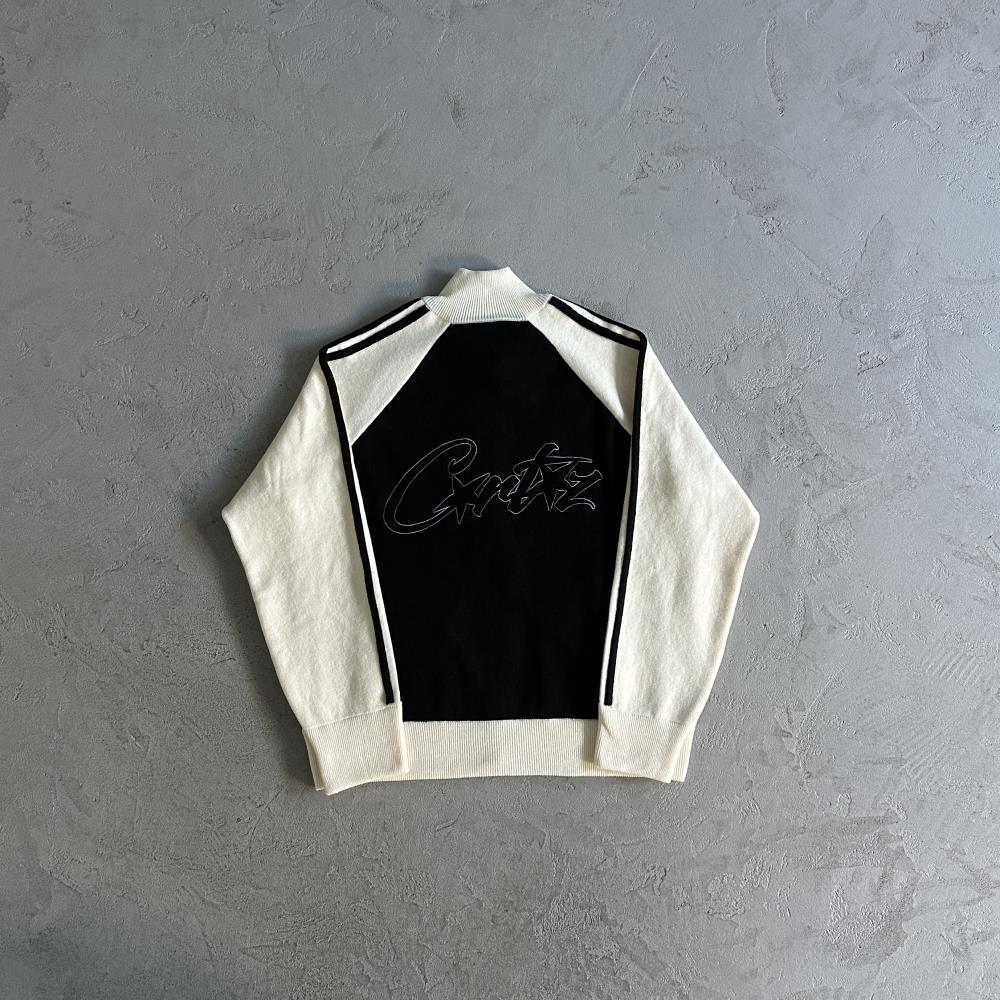 Knit zip up fleece-black and white