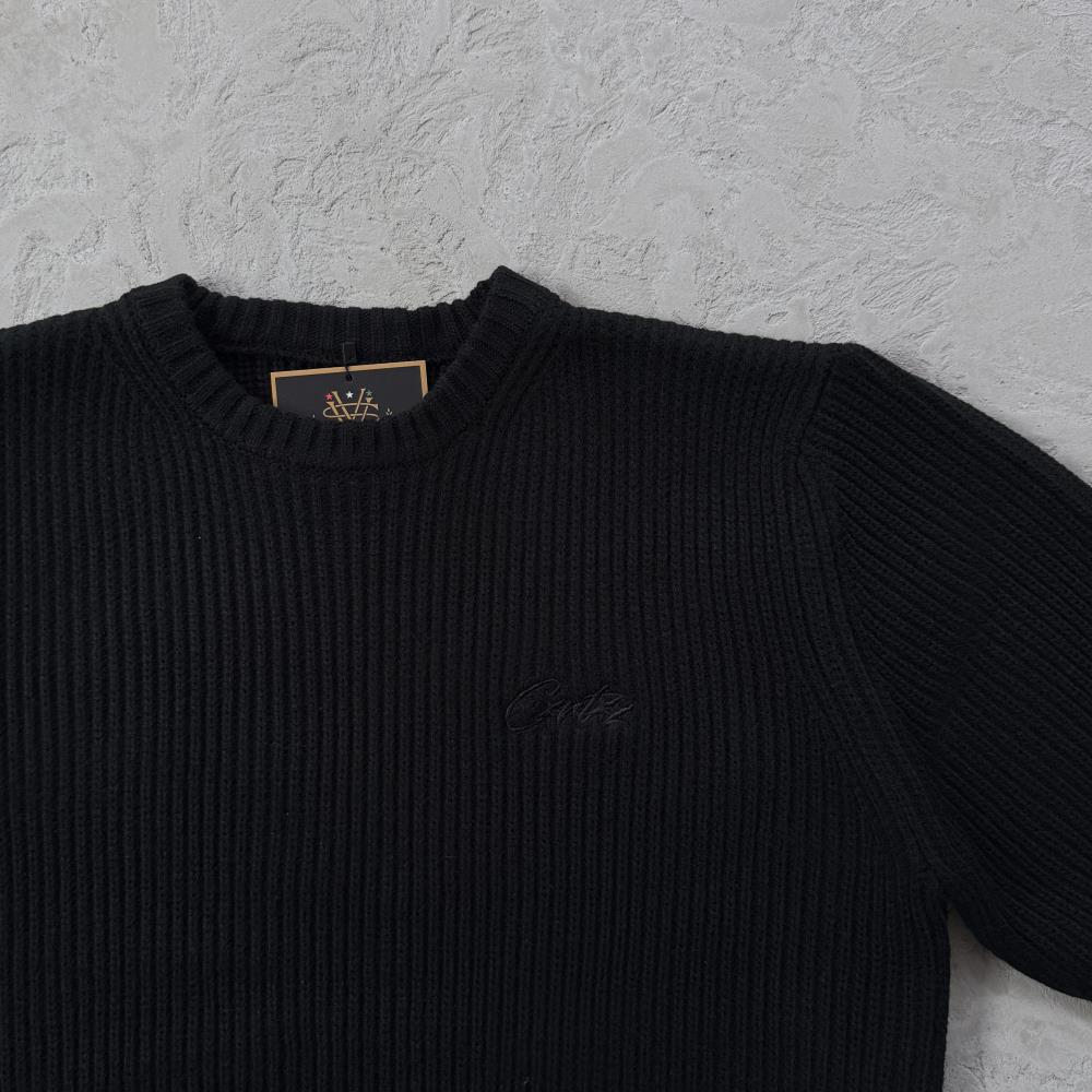 Crochet Applique Knit Crew- Triple Black