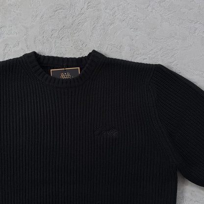 Crochet Applique Knit Crew- Triple Black