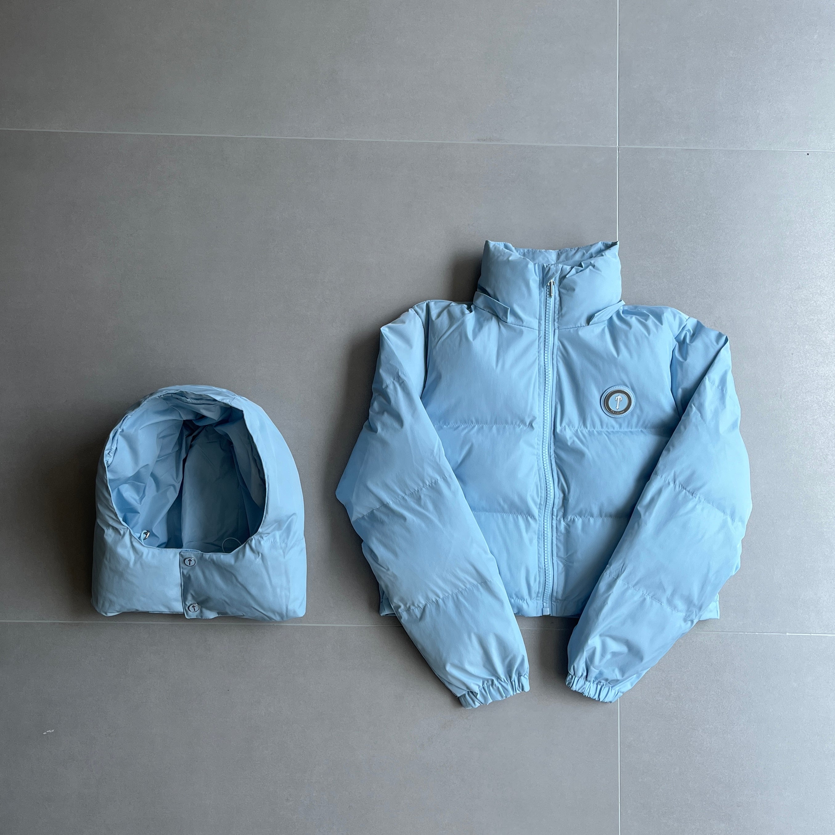 womens irongate detachable hooded puffer - baby blue,trapstar jack ...